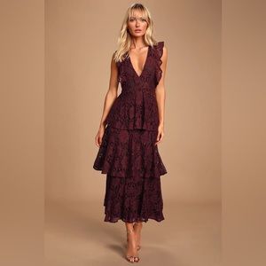 Lulus Molinetto Burgundy Lace Ruffled Tiered Sleeveless Maxi Dress XS